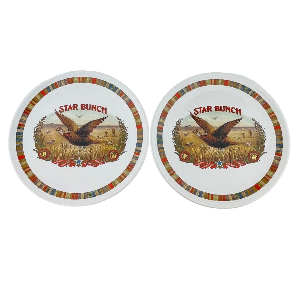 Pottery Barn Star Bunch Fireside Club 2 Salad Plate Lot Hunting Bird Cigar Box
